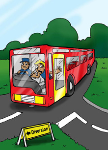 Cartoon showing a young man becoming distressed when the bus he is travelling on is forced to make a diversion.