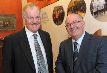 Speaker of the Northern Ireland Assembly, Mr William Hay MLA is pictured with historian Dr Jonathan Bardon at the lecture entitled ‘Perspectives on the Ulster Covenant’ which took place at Parliament Buildings on Monday 24 September.  