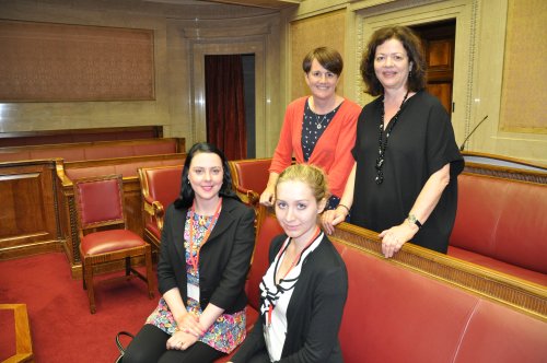 Caitríona Ruane MLA and Dr Margaret Ward (back, L-R), engage with attendees of the Assembly Commissions Perspectives on Female Suffrage lecture (Emma Patterson, NI Women's European Platform and Juliana van Hoeven, Community for the Administration of Justice, Front, L-R)