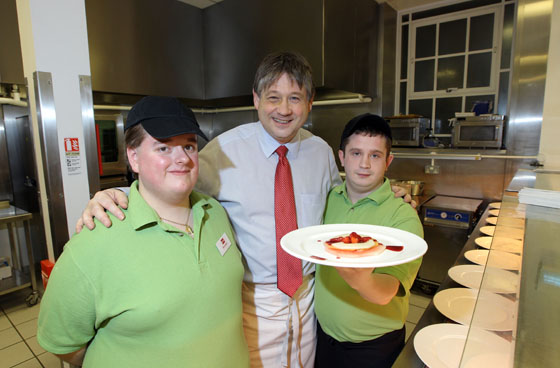 The Committee for Employment and Learning hosted its own ‘Masterchef’ style event with trainees from the Belfast based NOW organisation. Trainees prepared a four course meal, dressed the tables and ushered guests to the event at Parliament Buildings. Committee Chair Basil McCrea is pictured with trainees Daniel Benson and Brendan Donnelly.