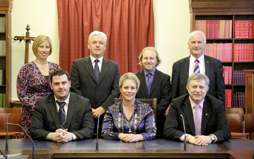 Members of the Committee for Enterprise, Trade and Investment with the Utility Regulator. Front row L-R: Phil Flanagan MLA, Deputy Chairperson; Jenny Pyper, Utility Regulator; Patsy McGlone MLA, Chairperson. Back row L-R: Sandra Overend MLA; Fearghal McKinney MLA; Stephen Agnew MLA; Gordon Dunne MLA.