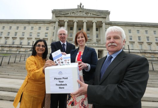 Sammy Douglas MLA Chair of Assembly Community Connect (ACC) and Sandra Overend MLA and ACC Board Member are joined by Michael Monaghan Chair of the NI Pensioners Parliament and Nisha Tandon from ArtsEkta at the launch of Assembly Community Connect. This new Assembly initiative will provide training and support to the local voluntary and Community sector. 