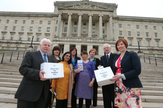 Sammy Douglas MLA Chair of Assembly Community Connect (ACC) and Sandra Overend MLA and ACC Board Member are joined by Michael Monaghan Chair of the NI Pensioners Parliament and Nisha Tandon from ArtsEkta at the launch of Assembly Community Connect.