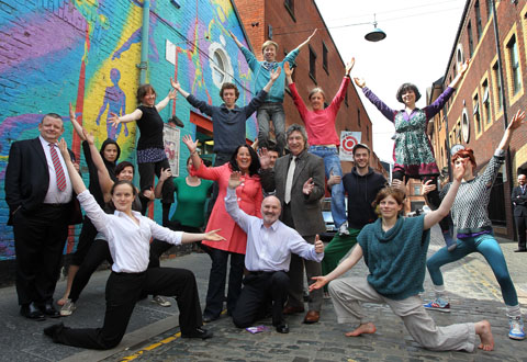 The Assembly Committee for Social Development visited the Cathedral Quarter today (Thursday 3rd) where they were given a tour of the new Belfast MAC and a walking tour of the area. Pictured with members of the Belfast Circus School are (l-r) Michael Copeland MLA, Paula Bradley MLA, Chairperson Alex Maskey MLA and Deputy Chairperson Mickey Brady