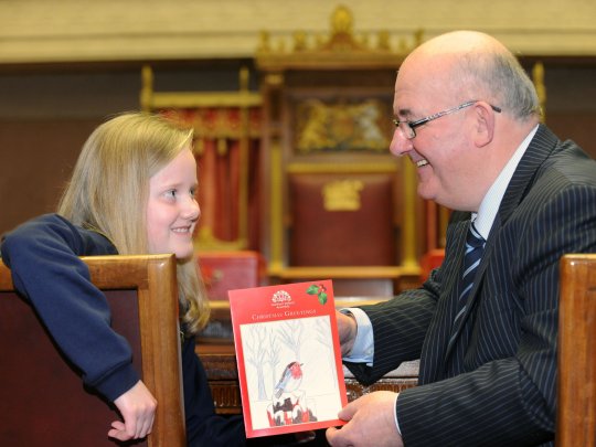 Speaker of the Northern Ireland Assembly, William Hay MLA with nine-year old Emma Isherwood from Edwards Primary School