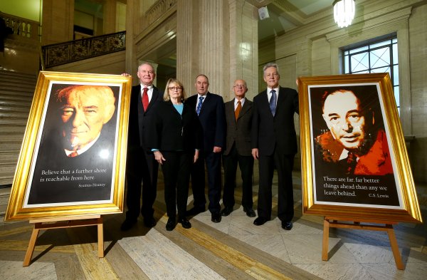 The Speaker of the Northern Ireland Assembly, Mitchell McLaughlin MLA, today unveiled portraits of two of Northern Ireland's most famous literary sons, Seamus Heaney and CS Lewis. Pictured from left are deputy First Minister Martin McGuinness, Mrs Marie Heaney, Speaker McLaughlin, Rev Roy Taylor and First Minister Peter Robinson. (Press Eye/William Cherry)
