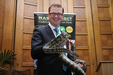 Simon Hamilton MLA launches Family Fun Day 2012 with a little help from Darwin the Coastal Carpet Python who will feature at this year’s event.  Family Fun Day 2012 will take place on Bank Holiday Monday 4 June 2012 on the Stormont Estate and will include tours of Parliament Buildings. The event helps to support Children in Need
