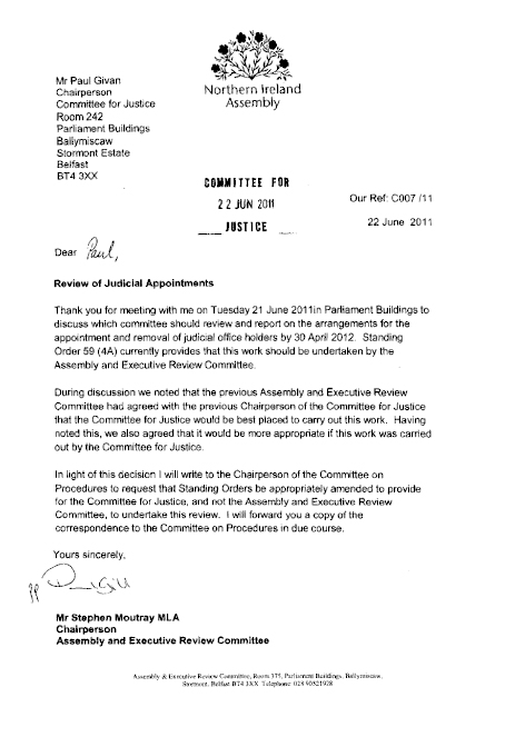 Correspondence from Chairman of AERC to Chairman of Committee for Justice