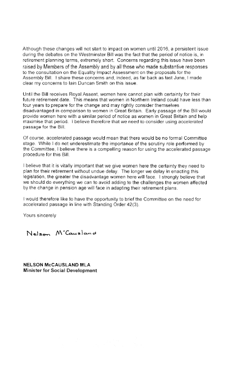 Letter from Minister re Pensions Accelerated Passage
