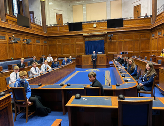 Speaker Alex Maskey MLA, recently spoke with AS Level students from Belfast High School in the Assembly Chamber, Parliament Buildings.