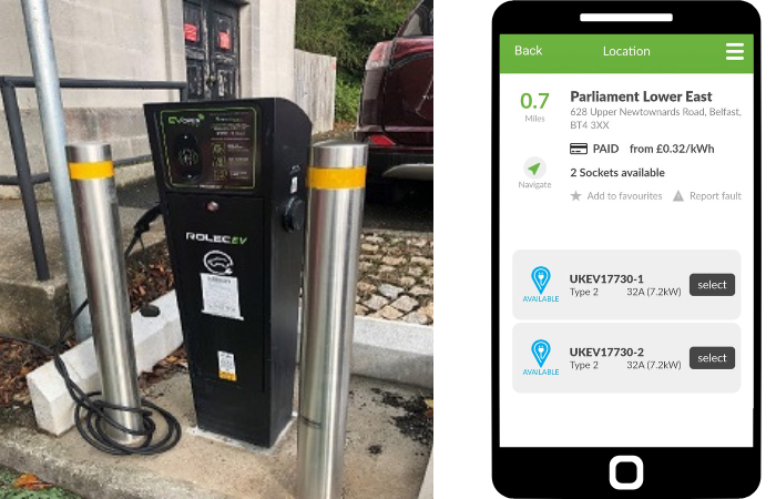 One of the electric car charging points in the lower east car park with a screenshot of the app that allows people to use it.