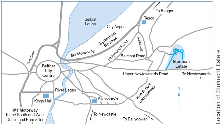 A picture of a map showing the location of Parliament Buildings in relation to Belfast City Centre