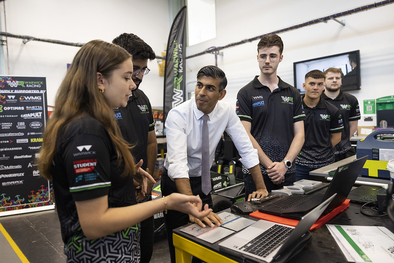 Prime Minister Rishi Sunak visiting the International Manufacturing Centre at the University of Warwick after the government announced it is to re-join Horizon
