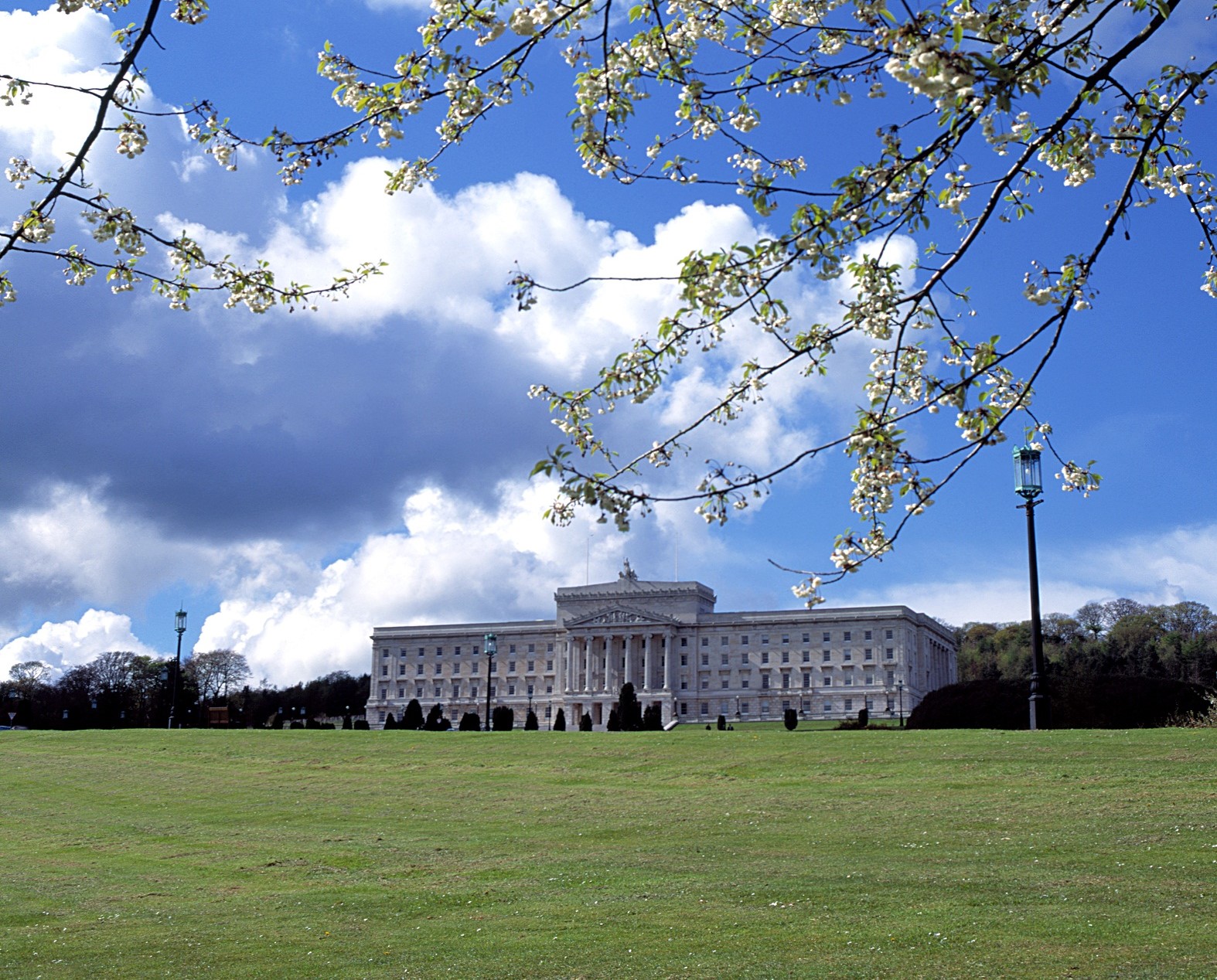 The front of Parliament Buildings on a bright sunny day.