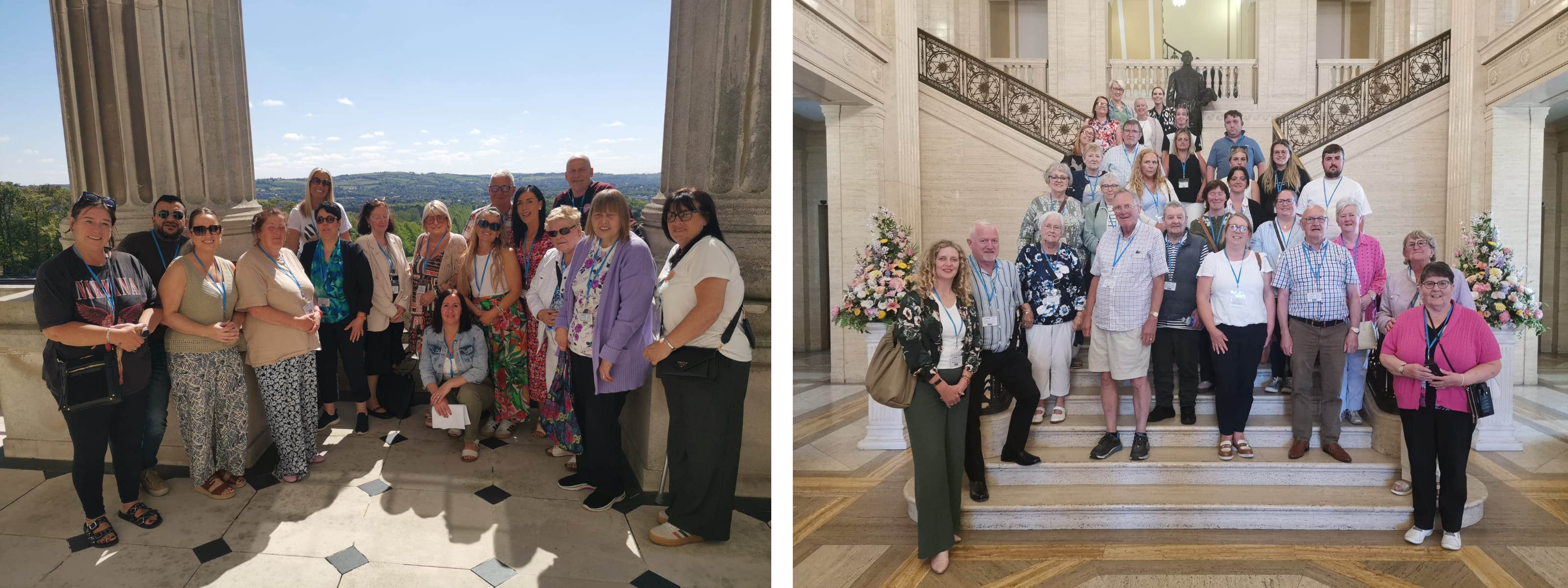 Attendees of an Assembly Workshop pose on the steps in the Great Hall in front of the statue of Lord Craigavon. Attendees of an Assembly Workshop pose on the steps in the Great Hall in front of the statue of Lord Craigavon.