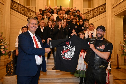 Northern Ireland Assembly Speaker Edwin Poots MLA presented with a ‘biker’s t-shirt’ as part of the Polish Heritage Day celebrations at Parliament Buildings. 