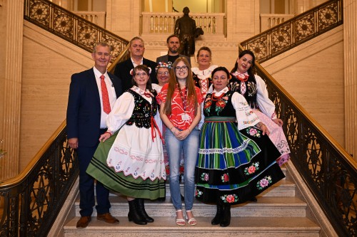 Northern Ireland Assembly Speaker Edwin Poots MLA with Polish Folk Group ‘Made in Poland’ at Parliament Buildings as part of the Polish Heritage Day celebrations. 