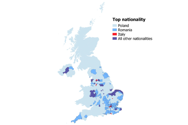 Highest number of EU Settlement Scheme applications by Polish, Romanian and Italian nationals across local authorities in the UK