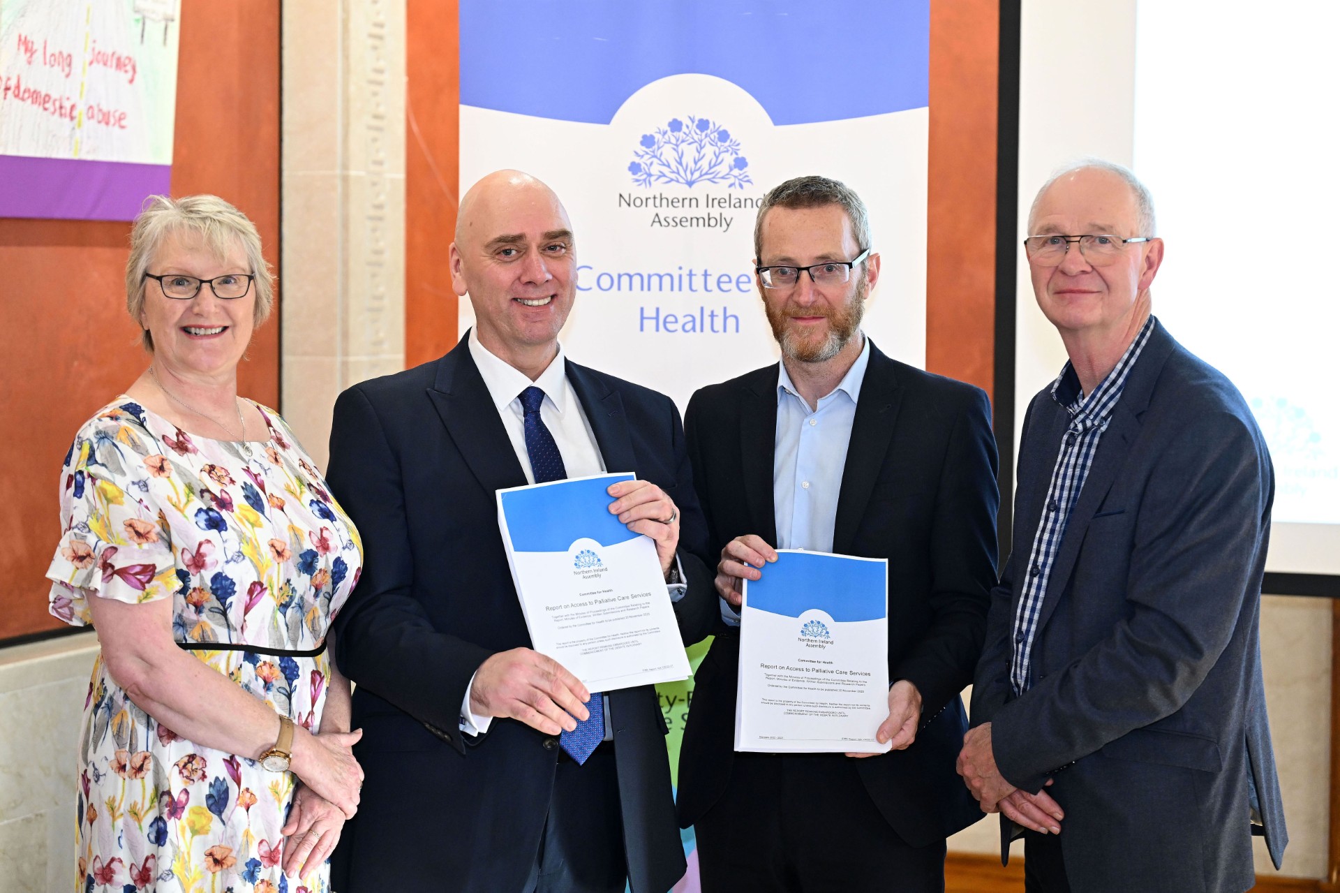 Attending the launch event were (from left) Christine Campbell, advocate for palliative care services; Trevor McCartney, CEO NI Hospice and Children’s Hospice; Philip McGuigan, Health Committee Chair; and Alan Sheppard of the Lived Experience Forum. Attending the launch event were (from left) Christine Campbell, advocate for palliative care services; Trevor McCartney, CEO NI Hospice and Children’s Hospice; Philip McGuigan, Health Committee Chair; and Alan Sheppard of the Lived Experience Forum.