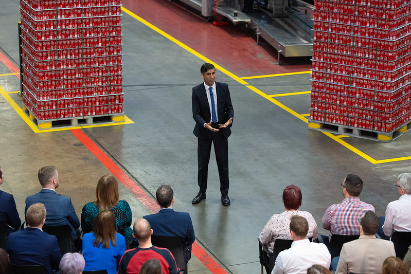 Prime Minister Rishi Sunak speaking about the Windsor Framework at the Coca-Cola factory in Lisburn