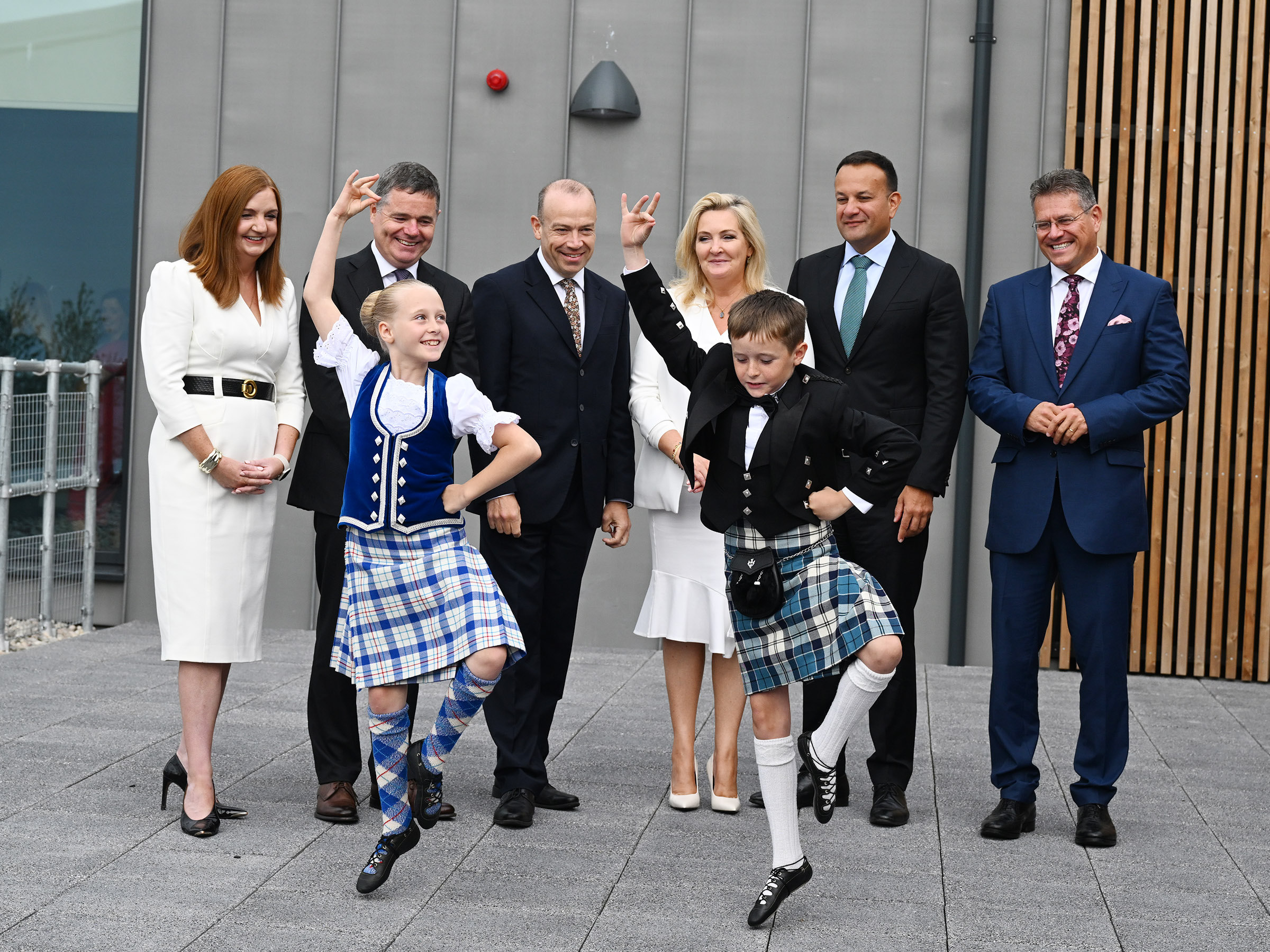 Dr Jayne Brady, Head of the NI Civil Service, Paschal Donohoe, Irish Minister for Public Expenditure, Chris Heaton-Harris, Secretary of State for Northern Ireland, Gina McIntyre, CEO of SEUPB, Taoiseach Leo Varadkar, and European Commission Vice-President Maroš Šefčovič, at the PEACE PLUS launch in Belfast