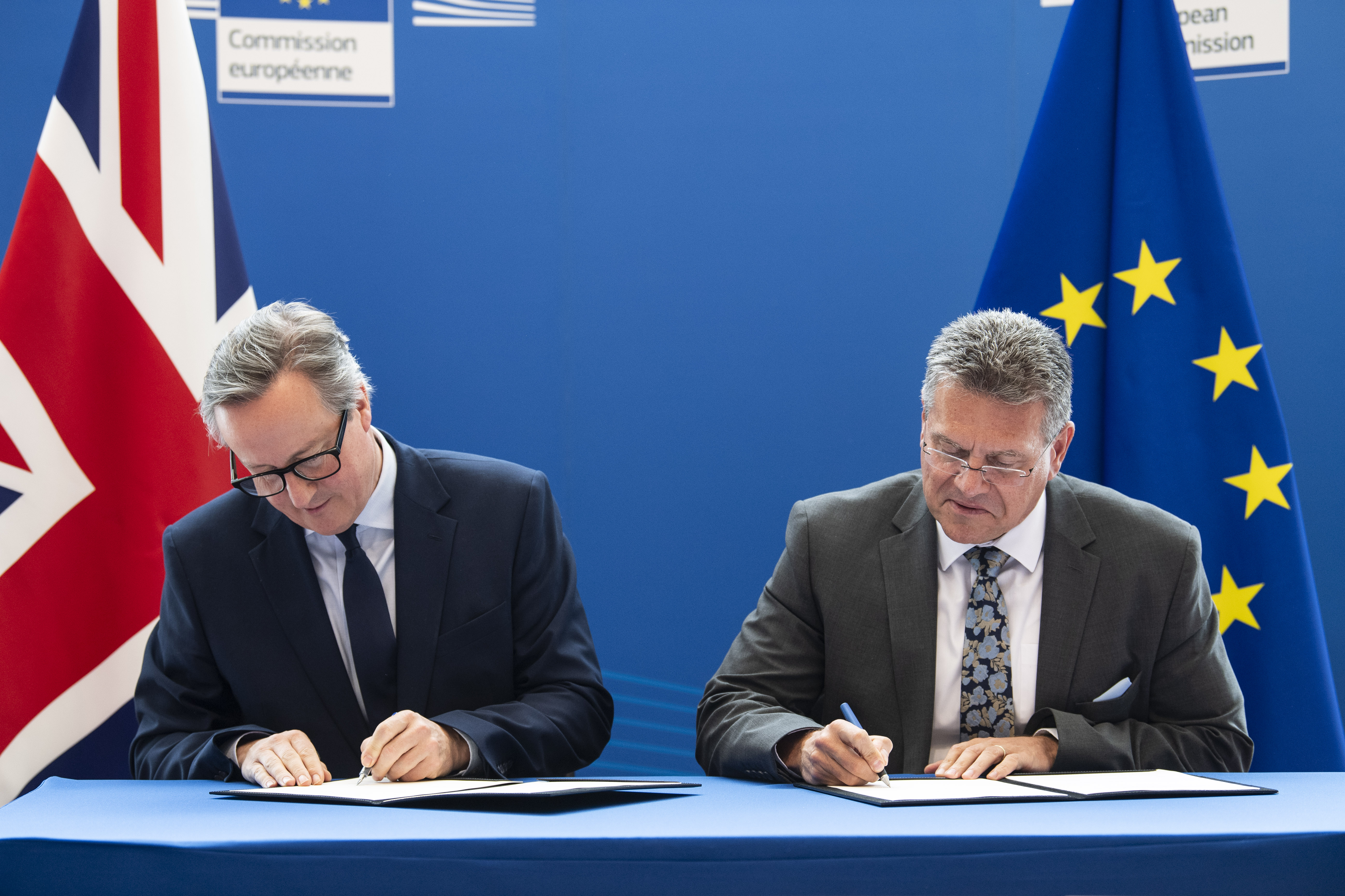 Joint Committee co-chairs Secretary of State for Foreign, Commonwealth and Development Affairs Lord Cameron and European Commission Executive Vice-President Maroš Šefčovič at the meeting in Brussels | Source: EC - Audiovisual Service