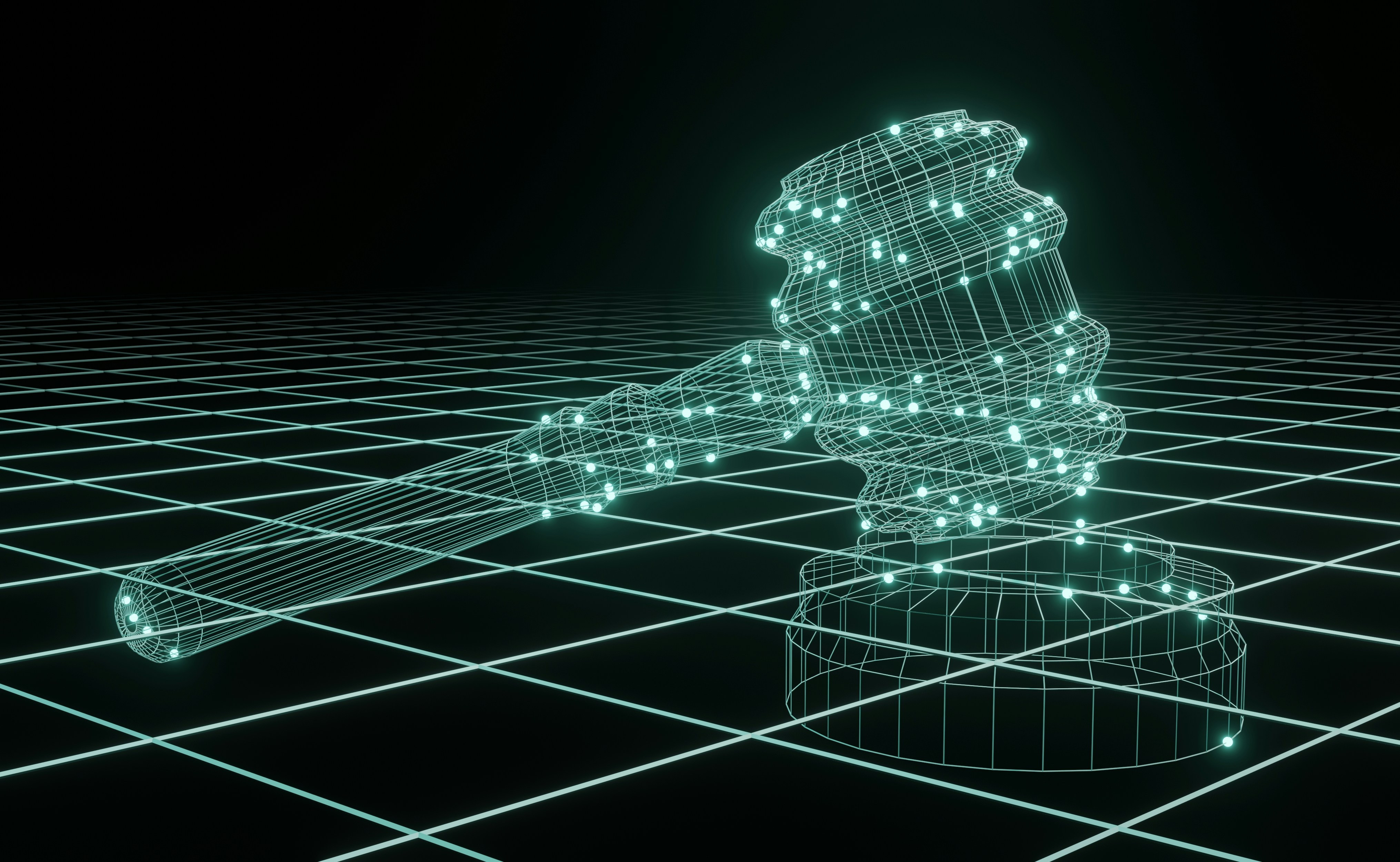Computer generated image of a digital gavel knocking on a grid