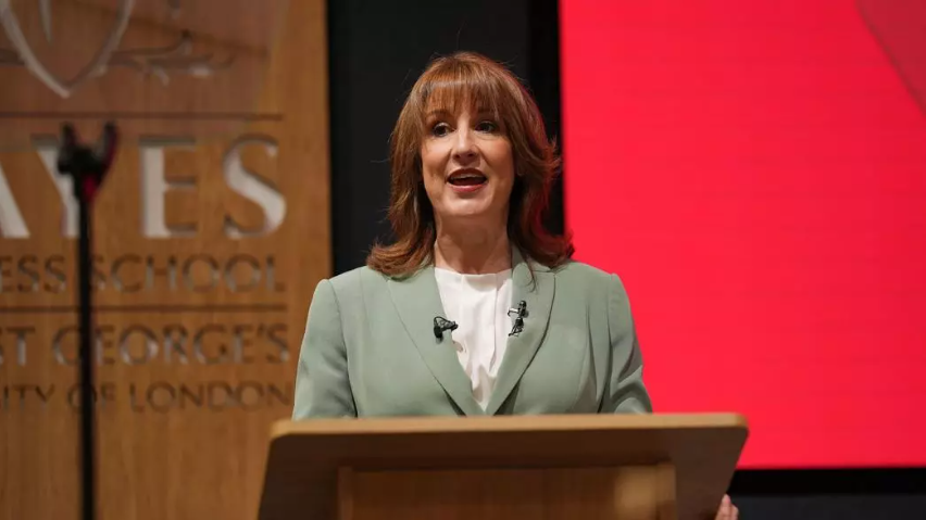 image shows  Chancellor of the Exchequer, the Rt Hon Rachel Reeves MP standing at a podium giving a speech. 