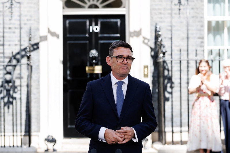 image shows the Prime Minister Andy Burnham standing outside the front of Number 10 Downing Street.