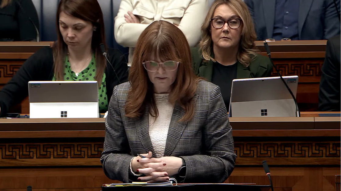 image shows the Economy Minister in the Assembly Chamber delivering Statements on the North South Ministerial Council meetings. 