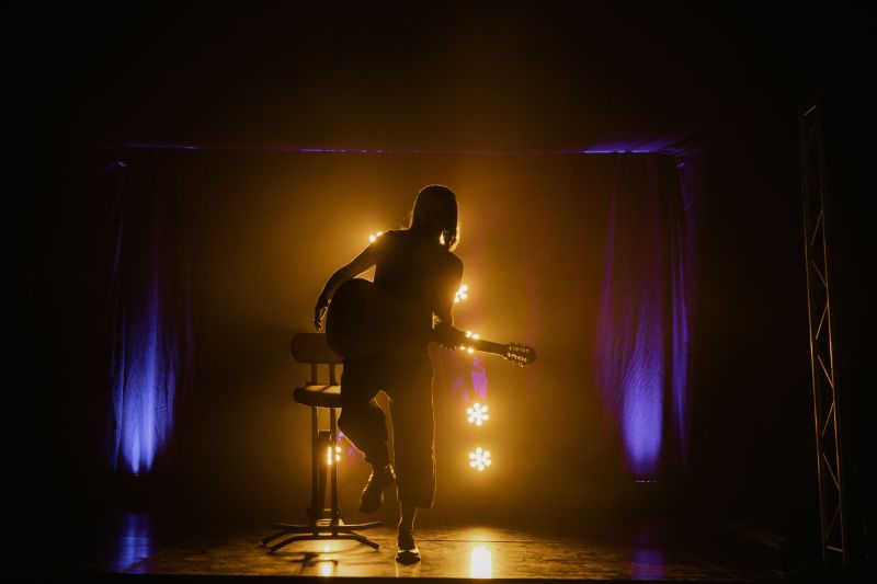 image shows a musician i the shadows holding a guitar with flower shaped cascading lights to her right.