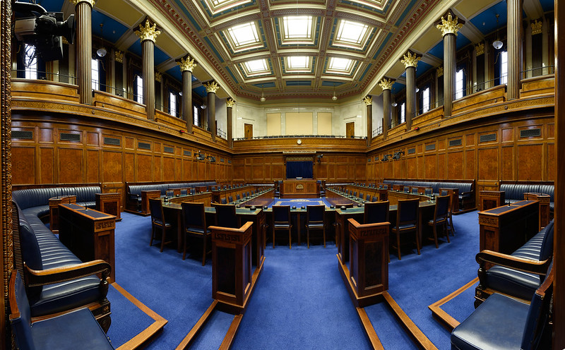 image shows the inside of the Assembly Chamber at Parliament Buildings 