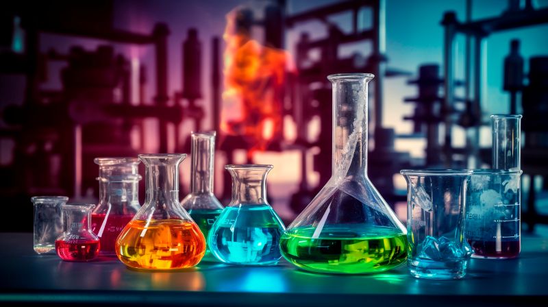 image shows chemical bottles filed with brightly colored red, orange, blue, pink and green liquids 