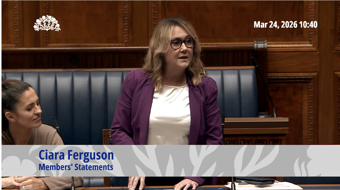 Image shows Ciara Ferguson MLA making a statement in the Assembly Chamber. 