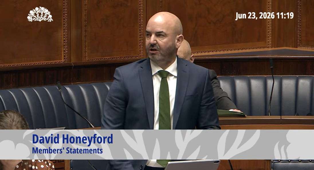 image is David Honeyford MLA making a Members Statement in the Assembly Chamber 