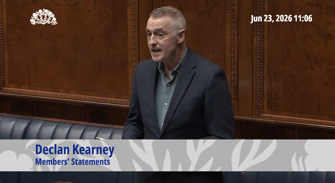 image shows Declan Kearney MLA  making a Members Statement in the Assembly Chamber 