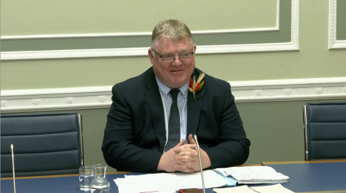 image shows Declan McAleer MLA giving evidence to the Agriculture, Environment and Rural Affairs Committee colleagues on his Private Member’s Bill, the Areas with Natural Constraints (Payments) Bill 