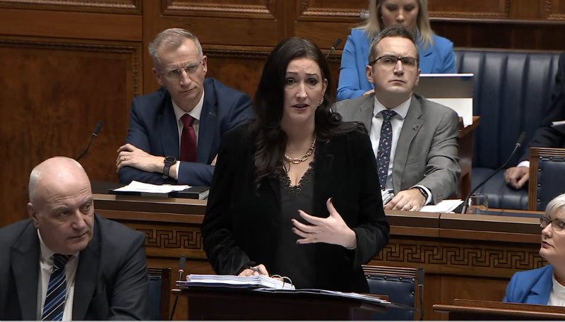 image shows the deputy First Minister, Emma Little Pengelly MLA responding to questions in the Assembly Chamber. 
