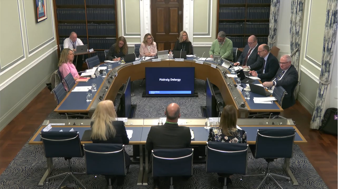 image of the Windsor Framework Democratic Scrutiny Committee pictured in a Committee room in Parliament Buildings. 
