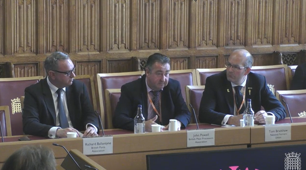image shows Tom Bradshaw, President, National Farmers' Union; Richard Ballantyne, Chief Executive, British Ports Association; and John Powell, Chief Executive, British Meat Processors Association providing evidence to the House of Lords European Affairs Committee.