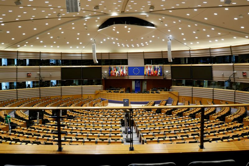 image shows the inside of the European Parliament in Brussels