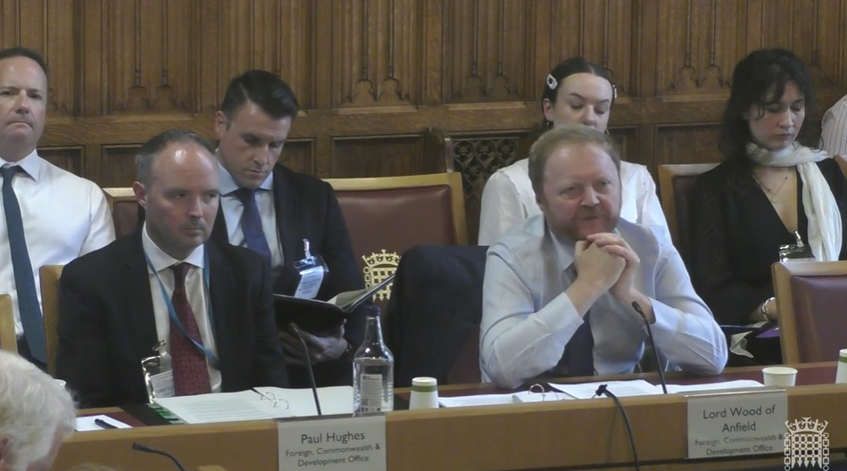 Image shows Lord Wood of Anfield, Parliamentary Under-Secretary of State at Foreign, Commonwealth & Development Office (FCDO) and Paul Hughes, Deputy Head, Southern Europe Department at the FCDO seated as they give evidence to the House of Lords EU Affairs Committee