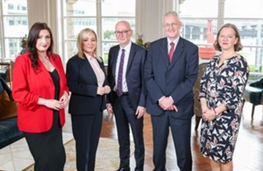 Pictured l-r: The deputy First Minister Emma Little-Pengelly MLA, the First Minister Michelle O’Neill MLA,  Chancellor of the Duchy of Lancaster Pat McFadden MP, Secretary of State for Northern Ireland Hilary Benn MP and Parliamentary Under-Secretary of State at the Northern Ireland Office Fleur Anderson MP