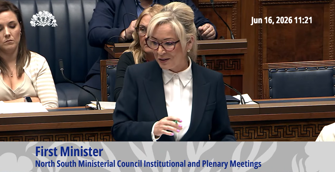 image is the First Minister Michelle O’Neill MLA making a statement in the Assembly Chamber 