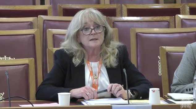image shows Geraldine McGahey OBE, Chief Commissioner at Equality Commission for Northern Ireland in a Committee room in the House of Lords giving evidence to the Northern Ireland Scrutiny Committee 