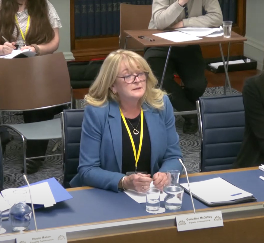 Geraldine McGahey OBE, Chief Commissioner for the Equality Commission giving evidence to the Committee for the Executive Office as part of its Inquiry into Gaps in Equality Legislation