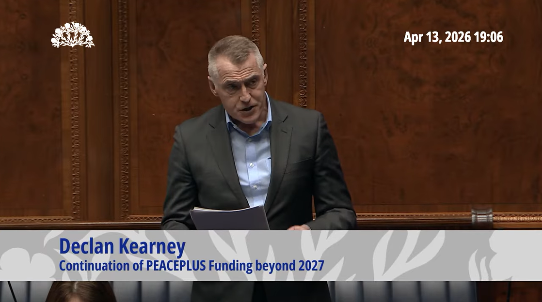 image shows Declan Kearney MLA moving the motion on the ‘Continuation of PEACEPLUS Funding beyond 2027’.