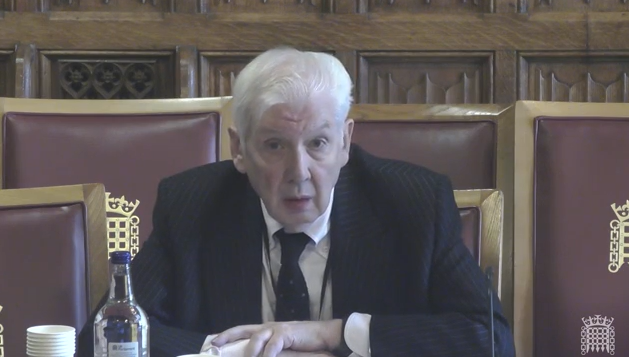 image shows Lord Bew giving evidence to the House of Lords European Affairs Committee