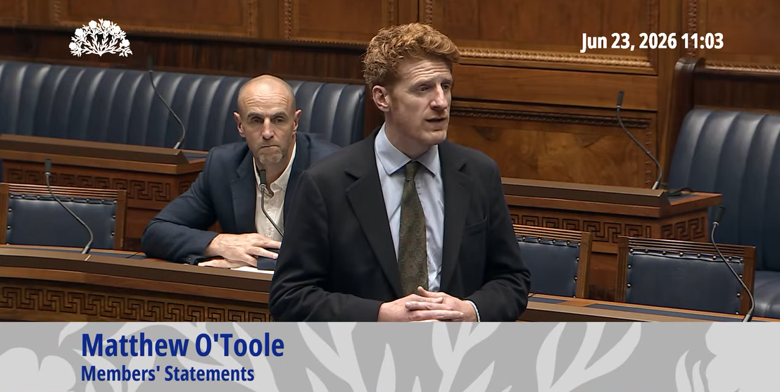 image shows the  Leader of the Opposition, Matthew O’Toole MLA making a Members Statement in the Assembly Chamber. 