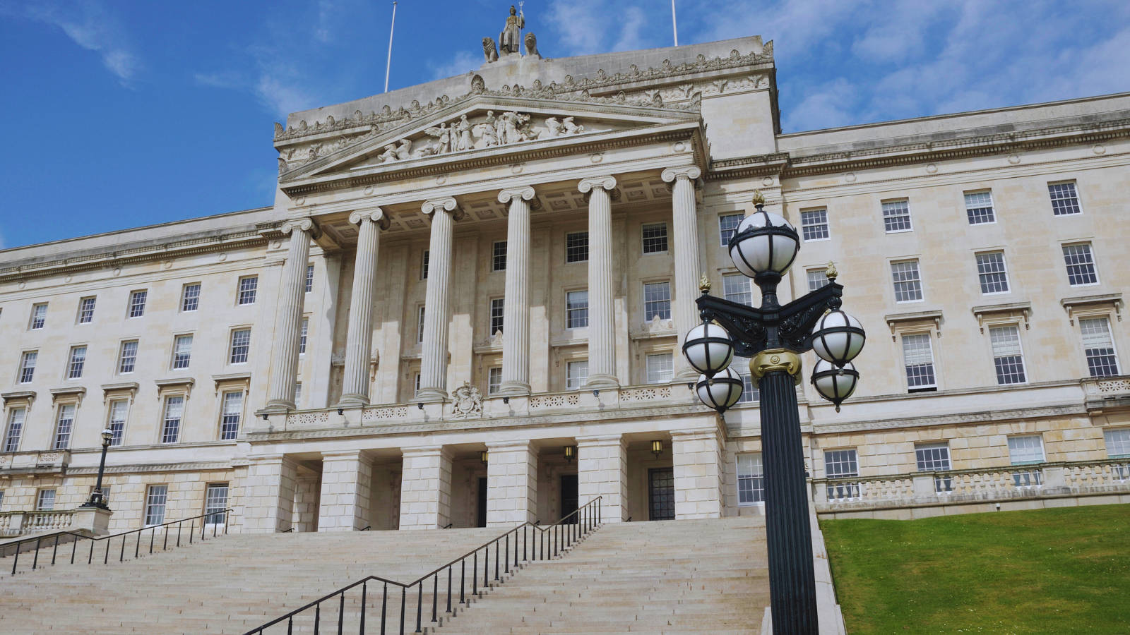photograph of Parliament Buildings taken from the bottom of the front steps. 